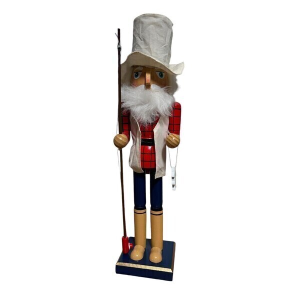 Wooden‎ Christmas Nutcracker, 15", MALE FISHERMAN WITH FISHING ROD & FISH, P&T - Picture 1 of 9